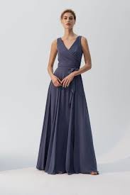 Trudy Flat Chiffon Bridesmaids Dress With Mock Wrap Skirt And Closed Back Shown In Blue Steel Chiffon Dress Long Bridesmaid Gown Gorgeous Bridesmaid Dresses