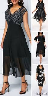 Hot Sale Free Shipping Black V Neck Chic Women Modest Casual Cap Sleeve Lace Patchwork Chiffon Dress Dresses Fashion Plus Size Cocktail Dresses
