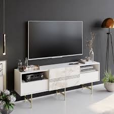 Metal handles and legs in an antique brass finish… Decorotika Derin 71 Wide Media Console And Tv Stand With Cabinets And Shelves Ephesus White Gold