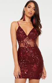 Burgundy Strappy Sheer Panel Sequin Bodycon Dress Sequin Bodycon Dress Bandage Dress Bodycon Bodycon Dress