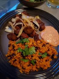 Puerto rican rice, beans and sofrito. Homemade Puerto Rican Fried Pork Chunks With Mayoketchup And Rice And Beans Food