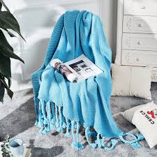 Wholesale Nordic Style Throw Blankets With Knitted Tassels For Sofa Sleeping Bed End Cover Light Blue From China