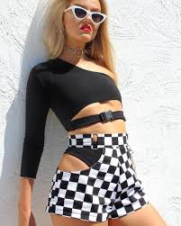 Black And White Checkered Shorts Outfit Ace Racecar Shorts Rave Outfits Checkered Outfit Black Women Fashion
