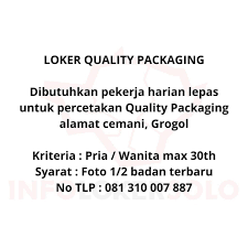 We did not find results for: Lowongan Kerja Karyawan Percetakan Quality Packaging Sukoharjo Info Loker Solo