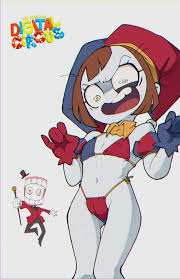 caine (the amazing digital circus), pomni (the amazing digital circus), the  amazing digital circus, highres, 1boy, 1girl, angry, bikini, breasts, brown  hair, cameltoe, cane, covered erect nipples, eyeball, gloves, hat, jester  cap,