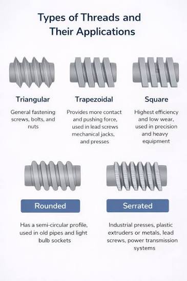 Explore the different types of threads and their applications in  engineering and everyday items! 🛠️🔩 Triangular: Common in general  fastening screws, bolts, and nuts. Trapezoidal: Provides more contact and  pushing force, used