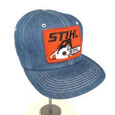 Vtg K Product Stihl Chainsaw Denim Hat Blue Orange Logo Snapback Trucker Patch Kproducts Snapback Orange Logo Denim Hat Blue Orange
