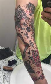 The Back Side Of My Traditional Sleeve Done By Kj At Magick Dragon In Lawrenceville Ga Traditionalt Traditional Tattoo Sleeve Tattoos Patchwork Tattoo Ideas