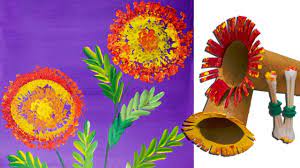 Toilet Paper Rolls Marigold Flower Art Easy Painting For Beginners Flower Art Painting Folk Art Painting Flower Painting