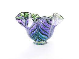 Hand Blown Glass Bowl Large Purple Lavender And Turquoise Peacock Feather Freeform Fluted Freeform Wavy Art Glass Bowl Blown Glass Bowls Glass Blowing Hand Blown Glass