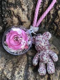 Pink Preserved Rose Pink Crystal Rose Bear Keychain Flower Gift Crystal Rose Pink Roses
