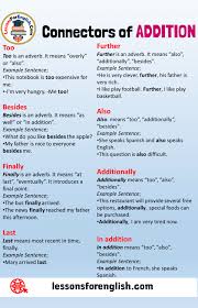 Connectors Of Addition Definition And Example Sentences Too Too Is An Adverb It Means Overly Or Also English Vocabulary Words English Words Linking Words