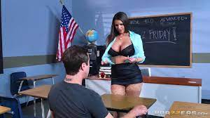 Big ass teacher reveals her huge tits to the guy before getting laid