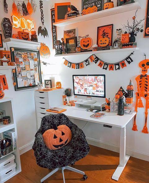 Halloween office | Halloween house decoration, Fall bedroom decor, Halloween desk decor