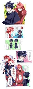 toujou sakana, hiei, kurama (yu yu hakusho), yuu yuu hakusho, bad id, bad  pixiv id, highres, partially translated, translation request, 2boys,  bandages, black hair, blush, comic, flower, green eyes, long hair, male