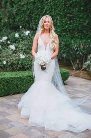 Bride With Long Blonde Hair Veil White Bouquet Mermaid Wedding Dress Horsehair Trim Lazaro Lazaro Wedding Dress Wedding Dress Horsehair Mermaid Wedding Dress