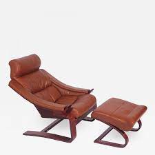 Traditional chair and ottoman sets. Mid Century Danish Modern Cantilevered Leather Lounge Chair With Foot Stool