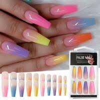 20pcs Set Long Fake Nails European Rainbow Ballerina Full Nail Art Tips Colorful Ebay