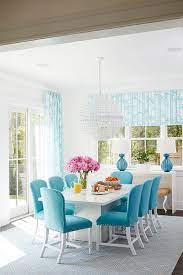 Each piece is made in the usa and comes with a powder coat finish that protects from scratches. White Dining Table With Turquoise Blue Velvet Dining Chairs Contemporary Dining Room