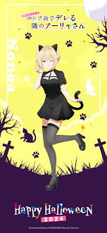 miyamae nonoa, tokidoki bosotto roshia-go de dereru tonari no alya-san,  black footwear, absurdres, highres, official art, 1girl, 2024, animal ears,  black dress, black thighhighs, blonde hair, cat ears, cat tail, character  name, closed mouth, dress, english text ...