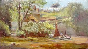 Antique Oil Painting Of Batson Near Salcombe Whyte Holdich Circa 1880 The roses, french vintage oil painting on cardboard.