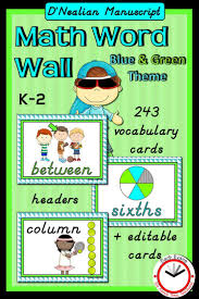243 Math Vocabulary Cards For Your Math Word Wall D Nealian Font Blue Green Theme Supportive Illustrations On Math Word Walls Math Words Math Vocabulary