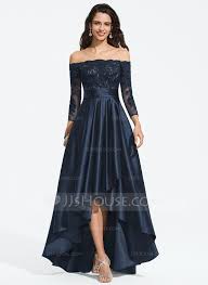 A Line Off The Shoulder Asymmetrical Satin Evening Dress With Ruffle Sequins 017208786 Jj S Hou Satin Evening Dresses Elegant Prom Dresses Satin Prom Dress