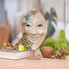 Artisan Crafted Hand Painted Moon Mask and Stand from Bali