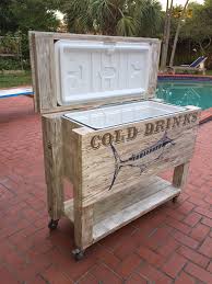 Patio Cooler Handmade With Old Fence Boards And Pallets Then Stenciled With A Shadowed Serif Font Diy Outd Diy Outdoor Furniture Patio Cooler Outdoor Cooler