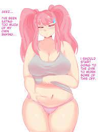1girls bra chubby cleavage doki doki literature club fat fat ass  female female only large breasts lewddoodler natsuki (doki doki literature  club) navel panties pink hair solo text twintails