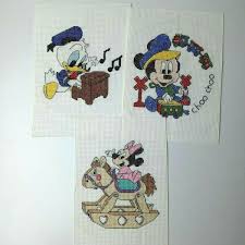 3 Vintage Disney Babies Nursery Pictures Mickey Minnie Donald Duck Cross  Stitch