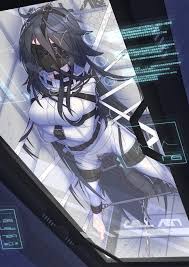 menou 74, original, commentary request, highres, 1girl, absurdly long hair,  ankle cuffs, arms under breasts, bdsm, belt, black hair, blindfold,  bodysuit, bound, bound arms, bound legs, breasts, breathing tube, chain,  glass door, holographic monitor, large ...