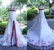 Discount 2015 Strapless A Line Wedding Dresses Real Photo Vintage Satin Embroidery Bridal Gowns Red And White Designer Wedding Gowns Cheap Lh Wedding Lace Dress Red Wedding Dresses Red Wedding Red