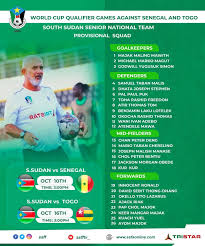 Eliminatoires Mondial 2026 : Le Soudan du Sud dévoile sa liste pour  affronter le Sénégal et le Togo | Wiwsport