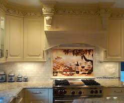 Tile artist julia sweda creates beautiful hand painted ceramic kitchen murals and decorative backsplash tile paintings with themes of italian, tuscany or mediterranean wine country, vineyards, olive orchards etc. Italian Inspired Kitchen With Vineyard Kitchen Mural And Ivory Marble Border Tile With 2x 4 Cream M Kitchen Backsplash Kitchen Tiles Backsplash Tile Backsplash