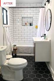 Amazing gallery of interior design and decorating ideas of hexagon tiles in bathrooms, laundry/mudrooms, kitchens by elite interior designers. Black Hexagonal Bathroom Floor Tiles Before After Apartment Therapy Bathroom Floor Tiles Bathrooms Remodel Small Bathroom