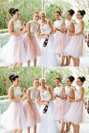 A Line Light Pink Tulle Knee Length Bridesmaid Dress With Lace Okg64 Shortbride Pink Bridesmaid Dresses Short Bridesmaid Dresses Short Lace Bridesmaid Dresses