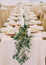Runners Of Silver Dollar Eucalyptus Green Nagi And Leather Leaf With Scattered Gold Wedding Centerpieces Greenery Wedding Centerpieces Rose Gold Centerpiece