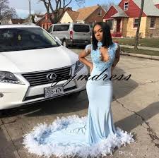 Ball Gown Prom Dresses Black Girls Light Blue Prom Dresses 2019 Black Girls High Neck Chest Cutaway Lace Applique Sweep Train Plus Size Eve Light Blue Prom Dress Prom Dresses Sequin Prom Dresses