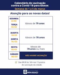 Nessa semana, o ministério da saúde atualizou as datas de imunização para todas as capitais do país. Prefeitura De Nova Iguacu Atencao Para O Calendario De Vacinacao Amanha Idosos De 79 Anos Comecam A Ser Imunizados Na Nossa Cidade Agora Ha Dois Pontos De Vacinacao Drive Thru Um No
