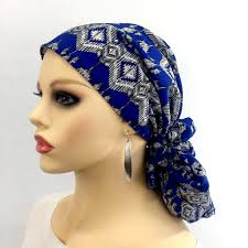 Pre Tied Chemo Head Scarfhair Loss Head Coveralopecia Headwearturbanroyal  Blue/white Chiffonadjustable Togglewear Long or Short521