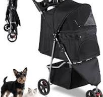 Foldable Pet Stroller for Cats and Dogs 3 Wheels Carrier Strolling Cart  with Weather Cover, Storage Basket + Cup Holder (Black)