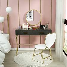 Buy Mecor Vanity Table Set Round Mirror Wood Makeup Vanity Gold Metal Legs Heart Shape Cushioned Stool Girls Women Bedroom Furniture Set Makeup Table 2 Drawer In 2020 Vanity Table Set Vanity Table Woman