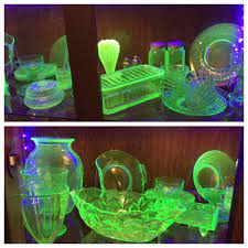 A uranium glass cakeplate glowing under uv light. Some Of My Uranium Glass Collection Coolcollections