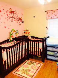 Twin Girl Nursery In A Small Room L Shape Monkey Themed Twins Nursery Twin Girls Nursery Nursery Twins Twin Baby Rooms