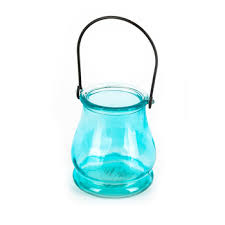 Candle on vintage metal candlestick with handle. Glass Tealight Candle Holder With Handle Turquoise 3 1 2 X 3 3 4 Inches Mardel 3485323