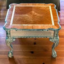 French Country Side Table Done In Distressed White With Blue Undertones Stained Wood Table Shabby Chic Dining Tables Painted Furniture Shabby Chic Dining