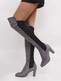 Talon 11cm et plateforme de 2cm à l'avant boucle talon brillant noir un peu usée a l'avant (voir dernière photo). Bottes Epais Talons Suedine Elegant Femme Cuissarde Gris Et Noir Bottes Chaussures