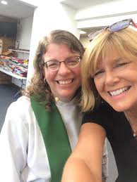 Pastor Beth Ferne-Johnson and Mary Helen Darah celebrating Sunday and  thinking about SAFS back to school fundraiser!