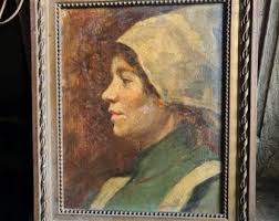 Original Antique French Oil Painting Woman Girl Profile Portret